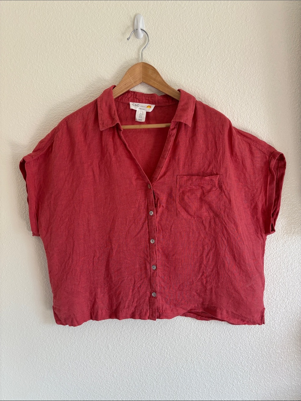 C&C California 100% Linen Salmon Drop Sleeve Button Down Top Size XL | Classic |